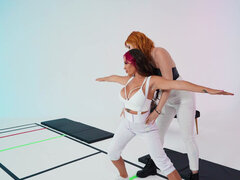 Yoga instructor fucks two amazing MILFs on the floor