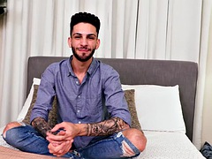 Piercedtitted eager jock wanking solo on the casting