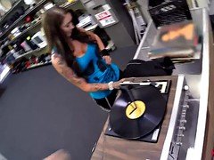 Busty babe sells vinyl tiles and rammed