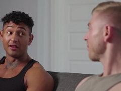 Muscular Latino and a pale blond making magic together