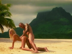 Young man takes blonde female to beach for outdoor coition