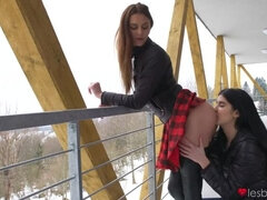 Sexy lesbian trib in winter cabin