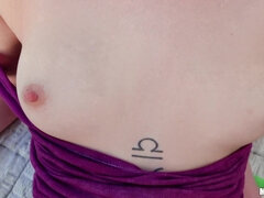 Backstreet Pussy Stretching - POV blowjob by young brunette Piper June outdoors