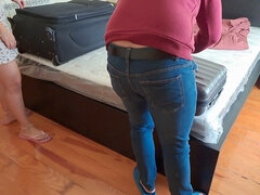 Hot MILF wife gets her tight ass filled with creampie by her husband's best friend, while hiding in a travel bag