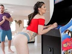 Stunning busty brunette Coralee Summers is getting her face fucked