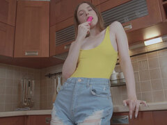 Little Marys fucks her cunt in the kitchen