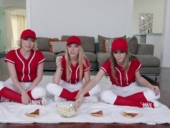 Baseball babes Dixie Lynn, Lola Leda and Athena May take turns bouncing on prick