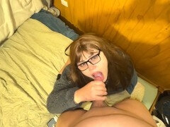 Steamy latina stepsister gives me a sloppy blowjob on the couch and swallows my load