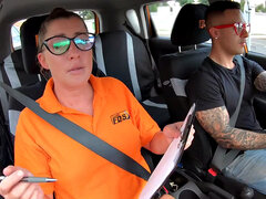 Deepthroating instructor banged in back seat
