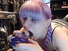 Dildo deepthroat, piercings, purple hair