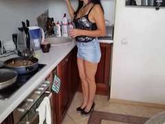 Russian mature mom with her boy in the kitchen