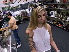 Pretty blonde babe fucked by pawn dude in his back office