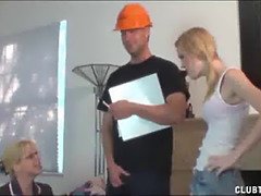 Step Mom And Teen Jerk Off The Electricity Guy For Good