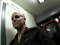 Blonde bombshell takes stranger's cock in her tight pussy on a train