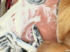 Blondine, Prüfung, Frau, Fetisch, Handschuhe, Satin, Strümpfe, Ringkampf