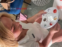 素人, 舞台裏, デカチン, デカパイ, ブロンド, 手コキする, オナニー, 淫乱熟女