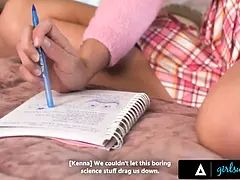 Girlsway - horny Kenna James sucks toy while strap-on doggie from study mate Kay Lovely! spitroast