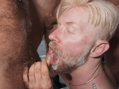 Blonde male receives plenty of dicks to play with during naked gay gangbang