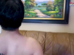 Skinny Short Haired Jae Scott Squirts All Over The Couch!