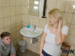 Watch Dine &dash Cuckold Steve Q get naughty with their kinky blonde wife in the toilet