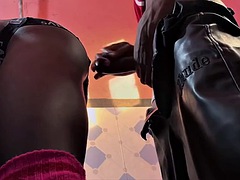 Leie, Bad, Grosser schwanz, Schwarz, Blasen, Paar, Leder, Tätowierung