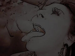 Enthousiasteling, Grote mammen, Zwart, Pijpbeurt, Bruinharig, Buiten, Gezichtspunt, Tieten likken