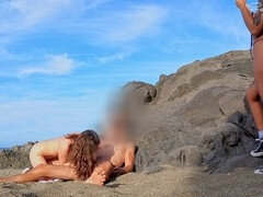 Beach adventure: sexy girl gives blowjob and swallows cum while being filmed by her friend