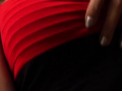 Skinny ladyboy in black and red dress strips and jerks off