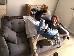 Red haired phat ass white girl young gets filled with internal cumshot from big black cock on neighbors couch while babysitting