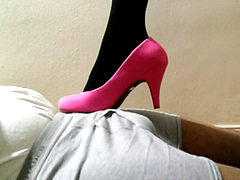Shoejob teasing in black pantyhose & pinkish high-heeled slippers