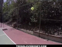 Karter Foxx gets paid to play tennis for a lesson & takes a cumshot