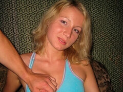 Slender blonde model Sabrina fucked from behind on the sofa