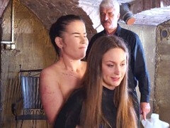 BDSM punishment scene with old man and his submissive slave