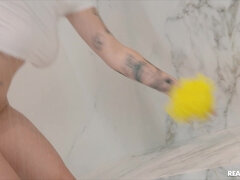 Angel Youngs in glasses is sucking huge black cock