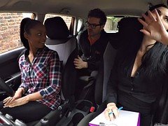 Fake Driving School busty ebony fails her test with lesbian