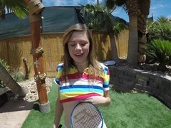 Mia Collins plays some badminton outside before coming in to get fucked and facialed by a big dick