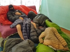 Mega-puffed down jacket in outdoor bukkake, gang-bang, and gloryhole action