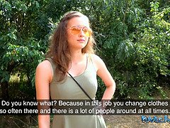 Watch this 18-year-old Czech teen with perfect natural tits suck cock outside and let agent pound her tight pussy