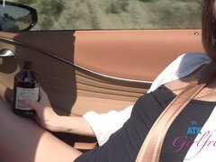 Wild car adventure with insatiable Violet Viper showing off her hairy pussy and giving a public blowjob