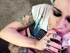 Blonde Teen With tattoos Blows While wanking In Fishnets + gulps