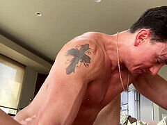 Muscular bald gay man Cade Maddox enjoys riding in various positions