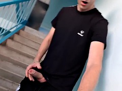 Skinny russian boy jerks off and cums in trackies