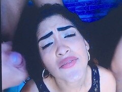 Brunette bombshell gets drenched in a sea of cum in hot bukkake session