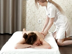 Russian teenie Funtik gets oil rubbed my lesbo masseuse