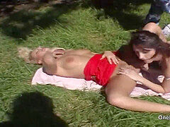 Outdoor three way watch guy produce two cumshots