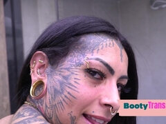 Big Assed trans beauty barebacked while jerking dick