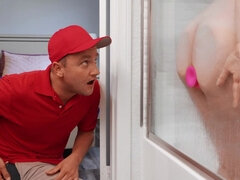 Chubby slut with incredibly huge tits fucks delivery guy