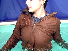 wetlook pool with boots and jacket