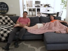 Slutty girl fucks with stepbrother right next to her daddy