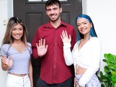 Enthousiasteling, Aziatisch, Slaapkamer, Hondjeshouding, 1 man 2 vrouwen, Mager, Tiener, Trio